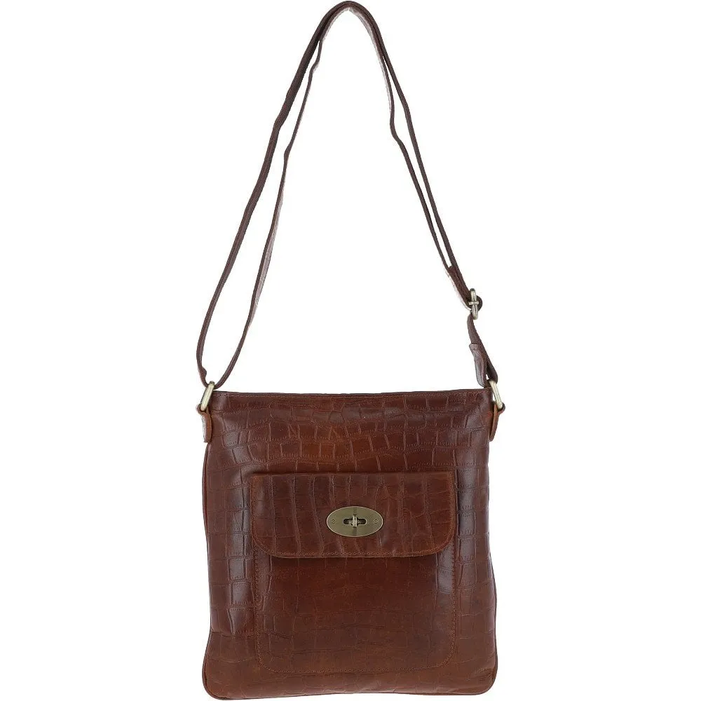 Ashwood Leather Croc Cross-Body Bag Cognac: L-70