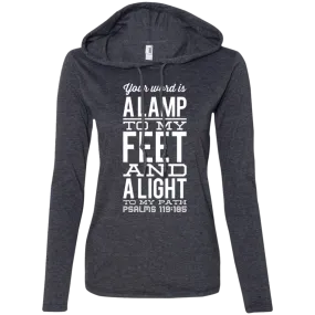 Bible Verse Ladies' Long Sleeve T-Shirt Hoodie - Your Word Is Light To My Path ~Psalm 119:105~ Design 4 (White Font)