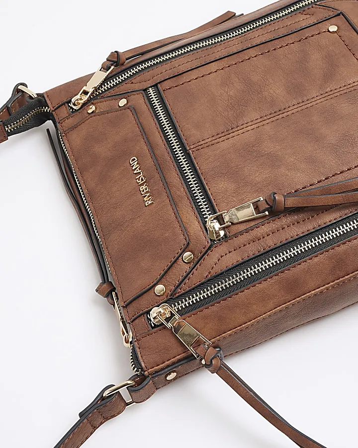 Brown Panelled Zip Cross Body Bag