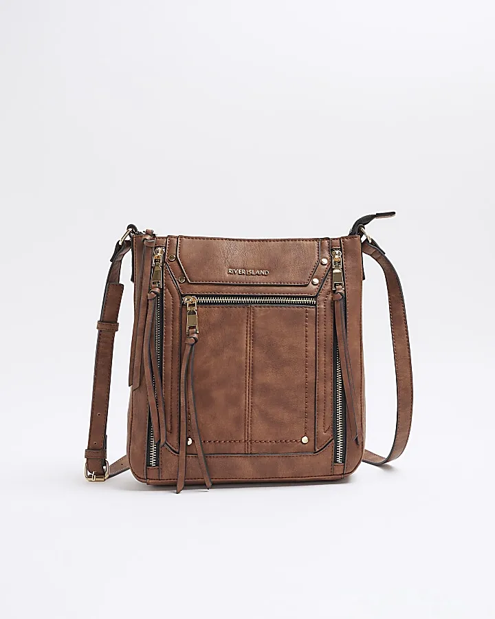 Brown Panelled Zip Cross Body Bag