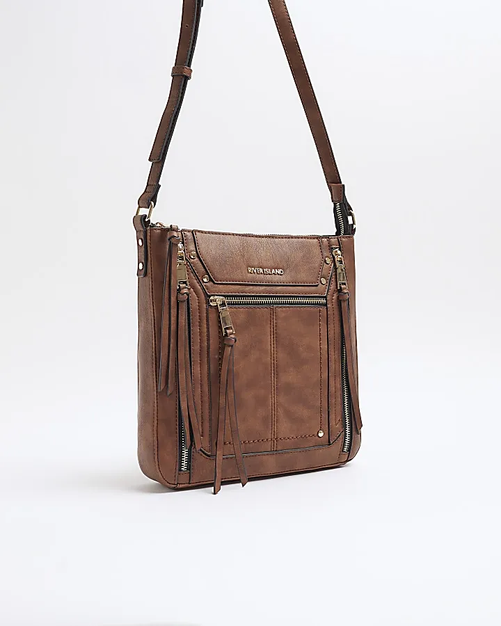 Brown Panelled Zip Cross Body Bag