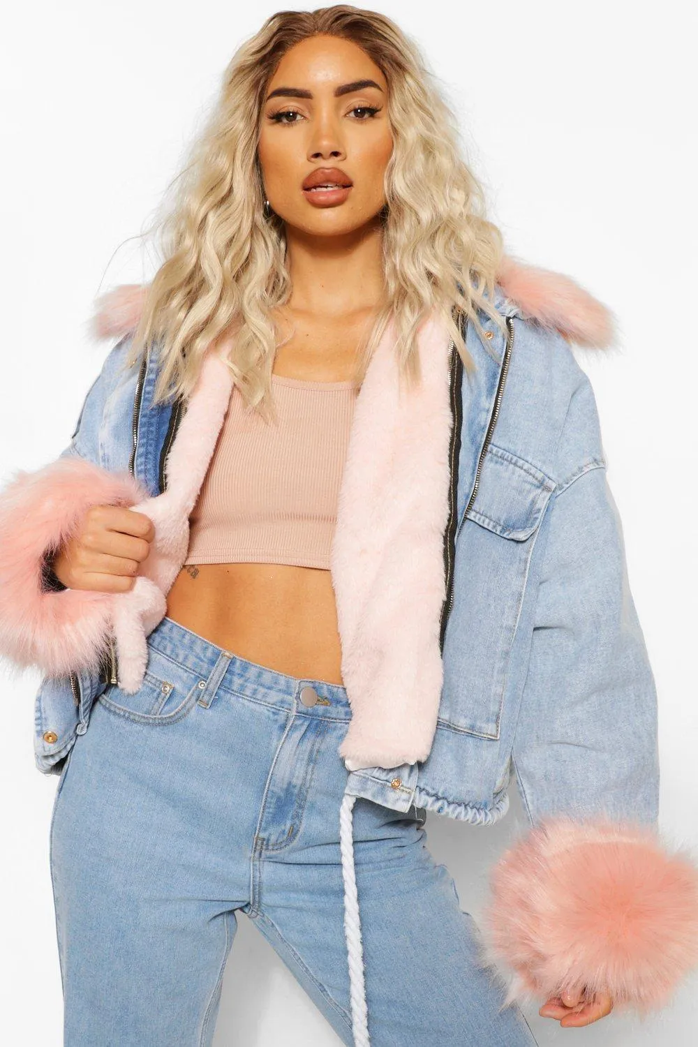 Faux Fur Trim Oversized Denim Jacket