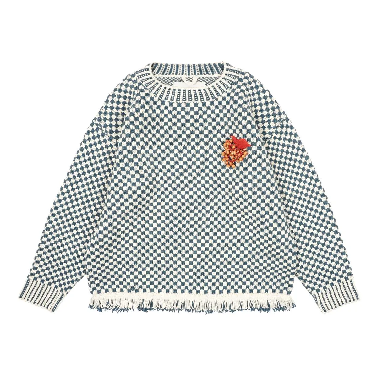 FRINGE CHECK PULLOVER - BLUE/CREAM