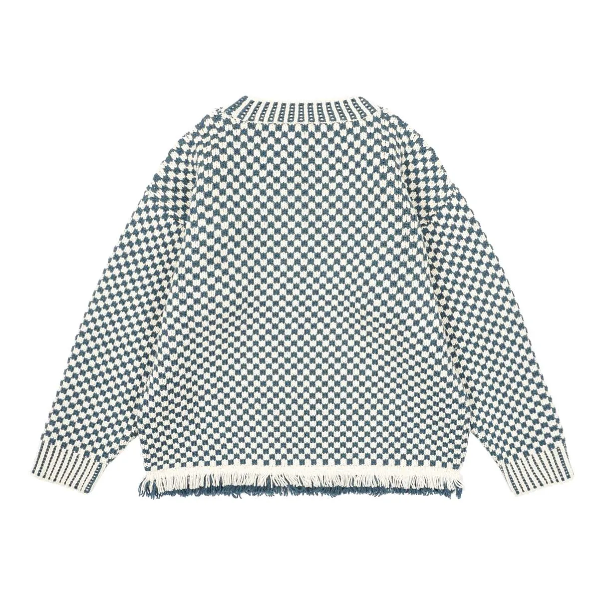 FRINGE CHECK PULLOVER - BLUE/CREAM