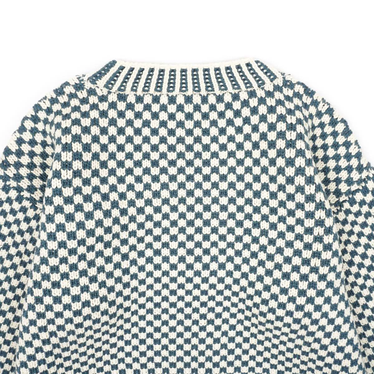 FRINGE CHECK PULLOVER - BLUE/CREAM