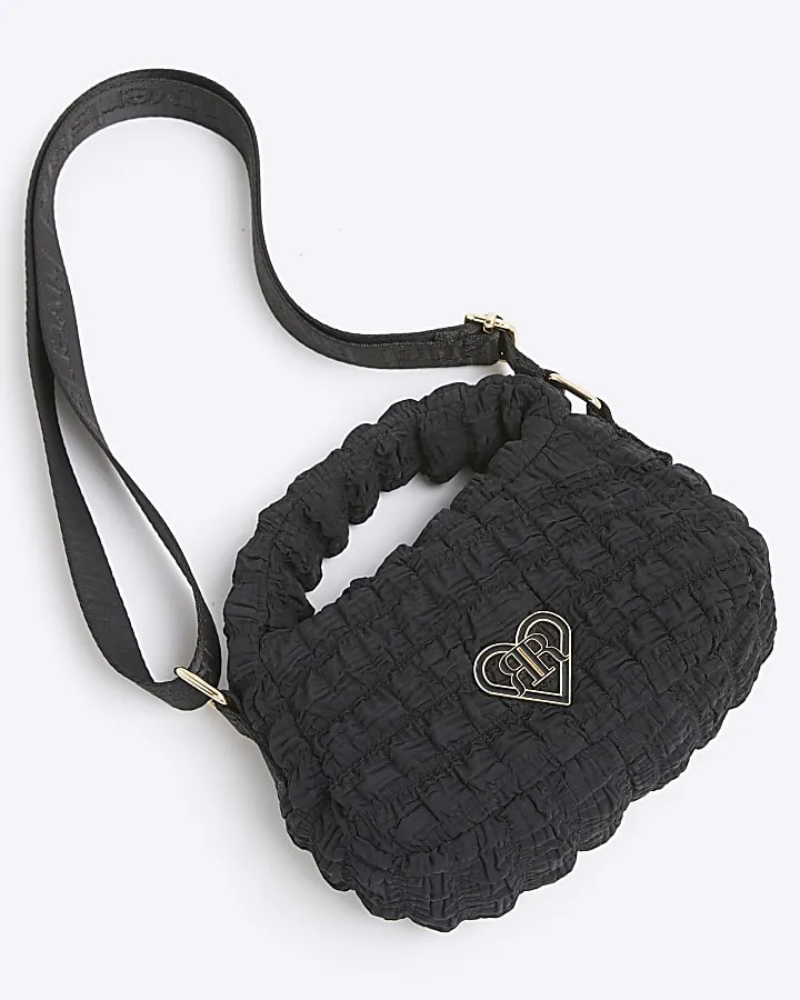 Girls black textured quilted cross body bag