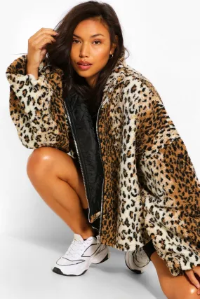 Leopard Teddy Faux Fur Oversized Bomber Jacket