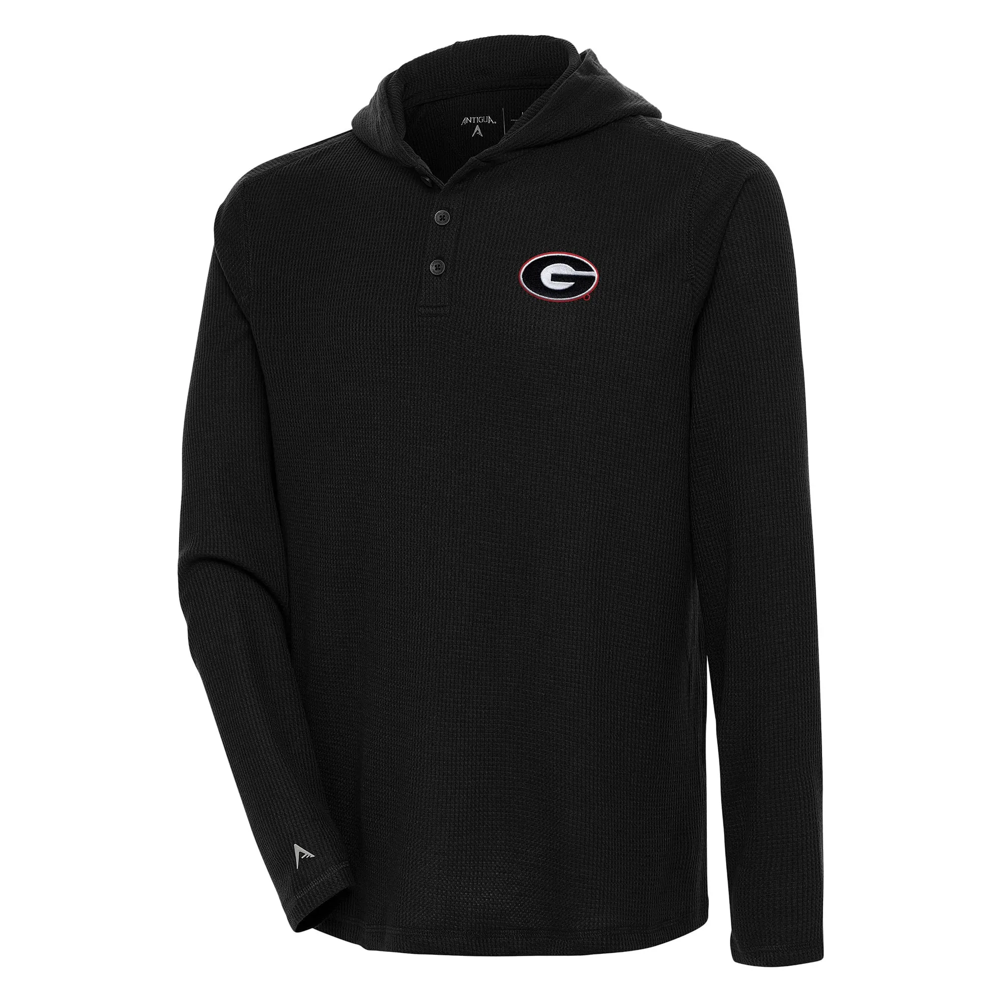 Men's Antigua Black Georgia Bulldogs Strong Hold Long Sleeve Henley Hoodie T-Shirt