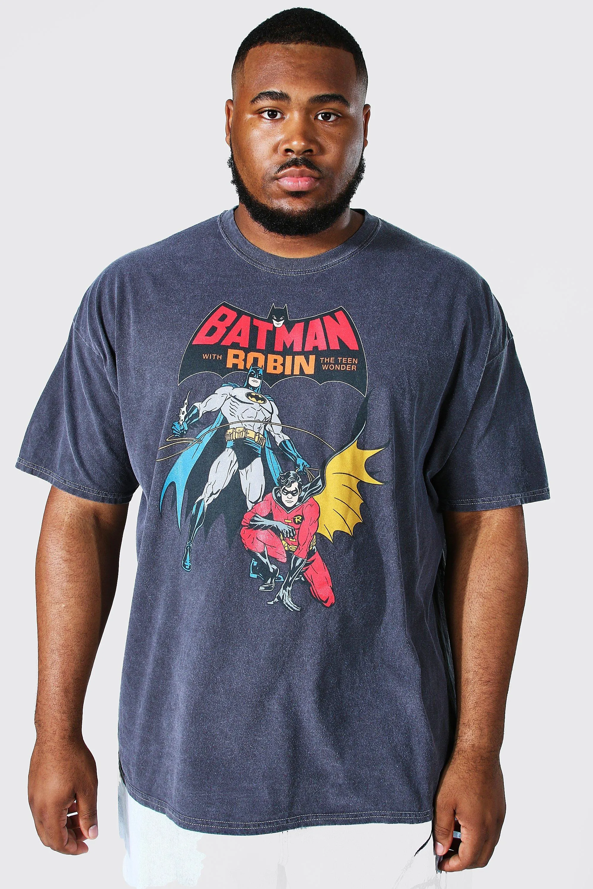 Plus Acid Wash Batman License T-shirt | boohooMAN UK