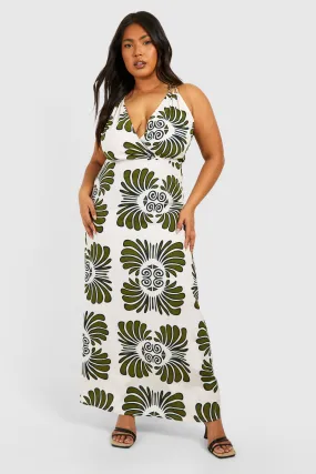 Plus Woven Scarf Print Strappy V Neck Maxi Dress