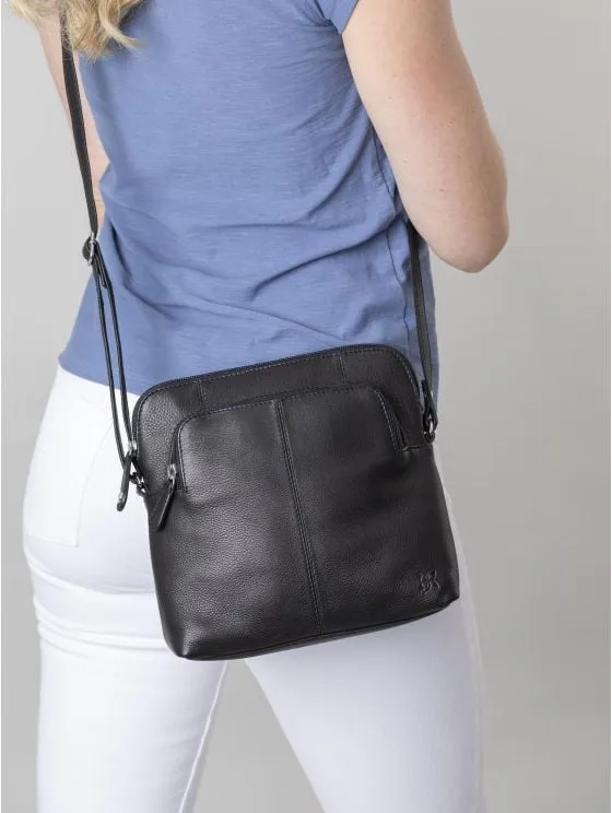 Raven Leather Cross Body Bag in Black