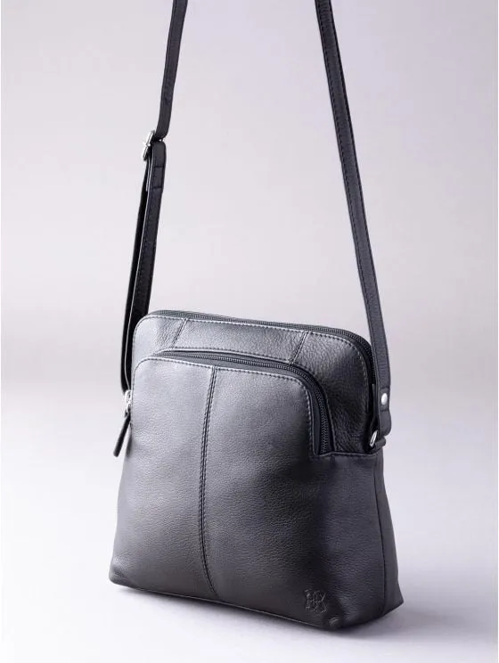 Raven Leather Cross Body Bag in Black