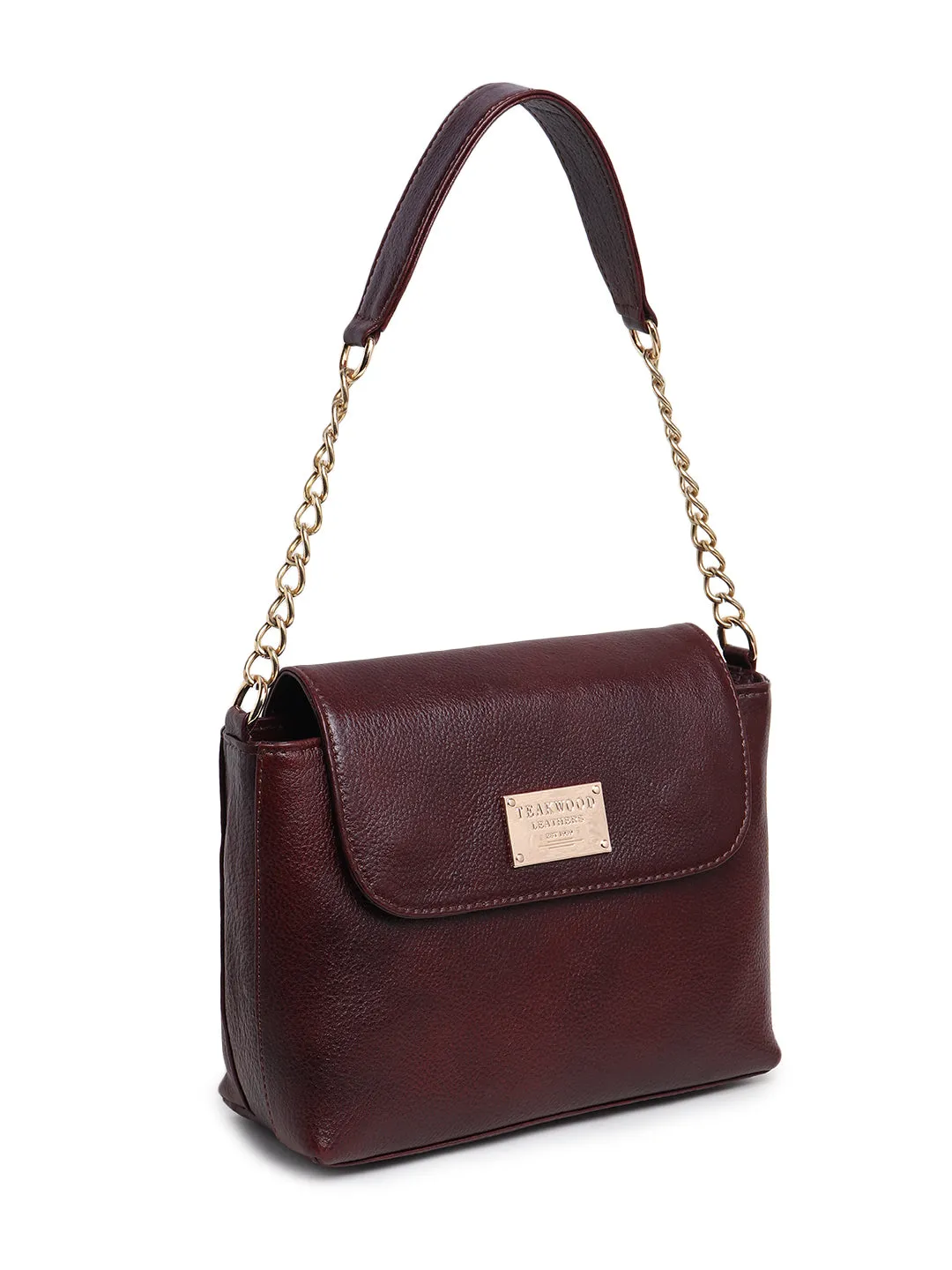 Teakwood Women Maroon Solid Leather Hand Bag with Detatchable Silng Strap