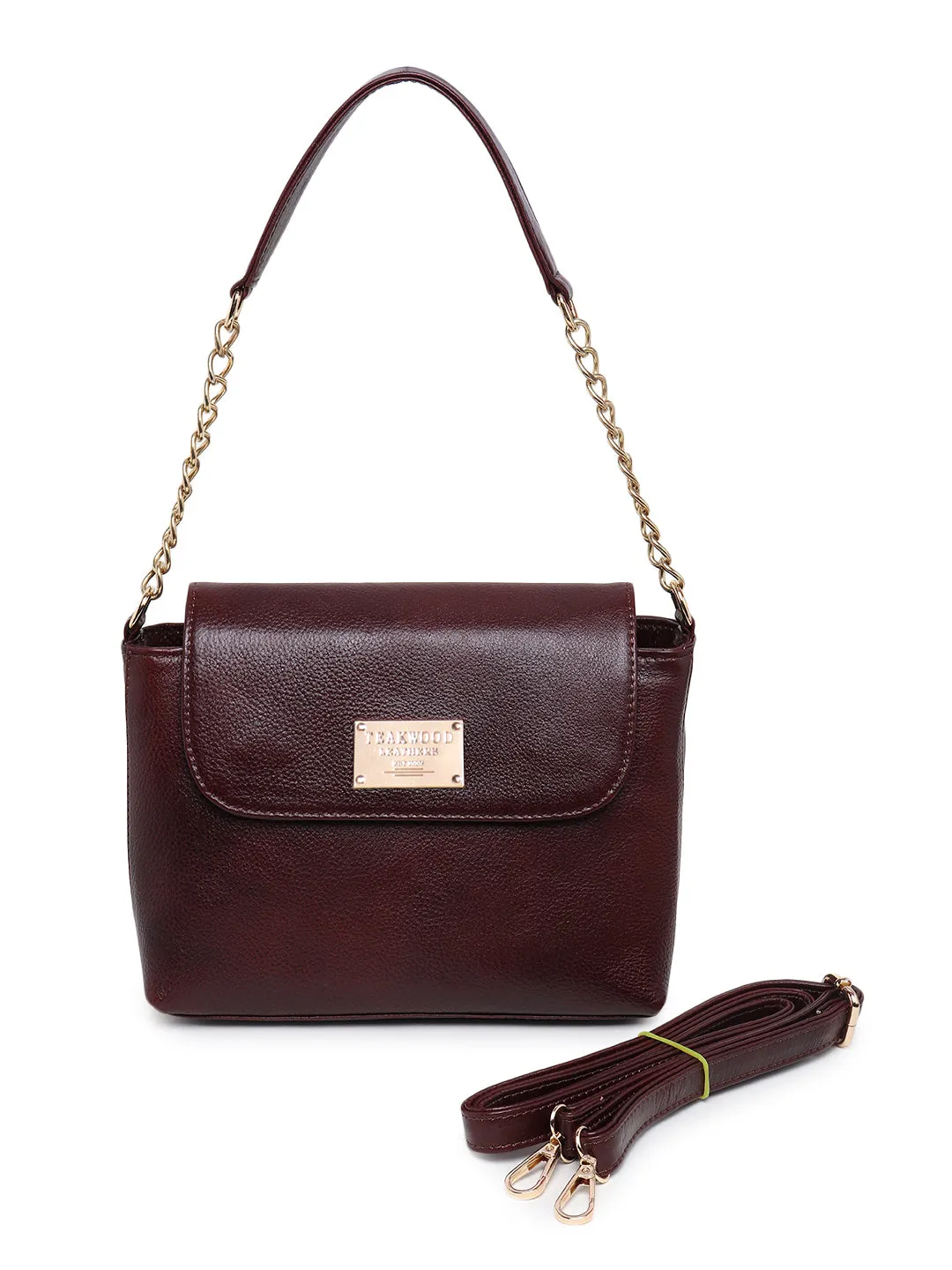 Teakwood Women Maroon Solid Leather Hand Bag with Detatchable Silng Strap