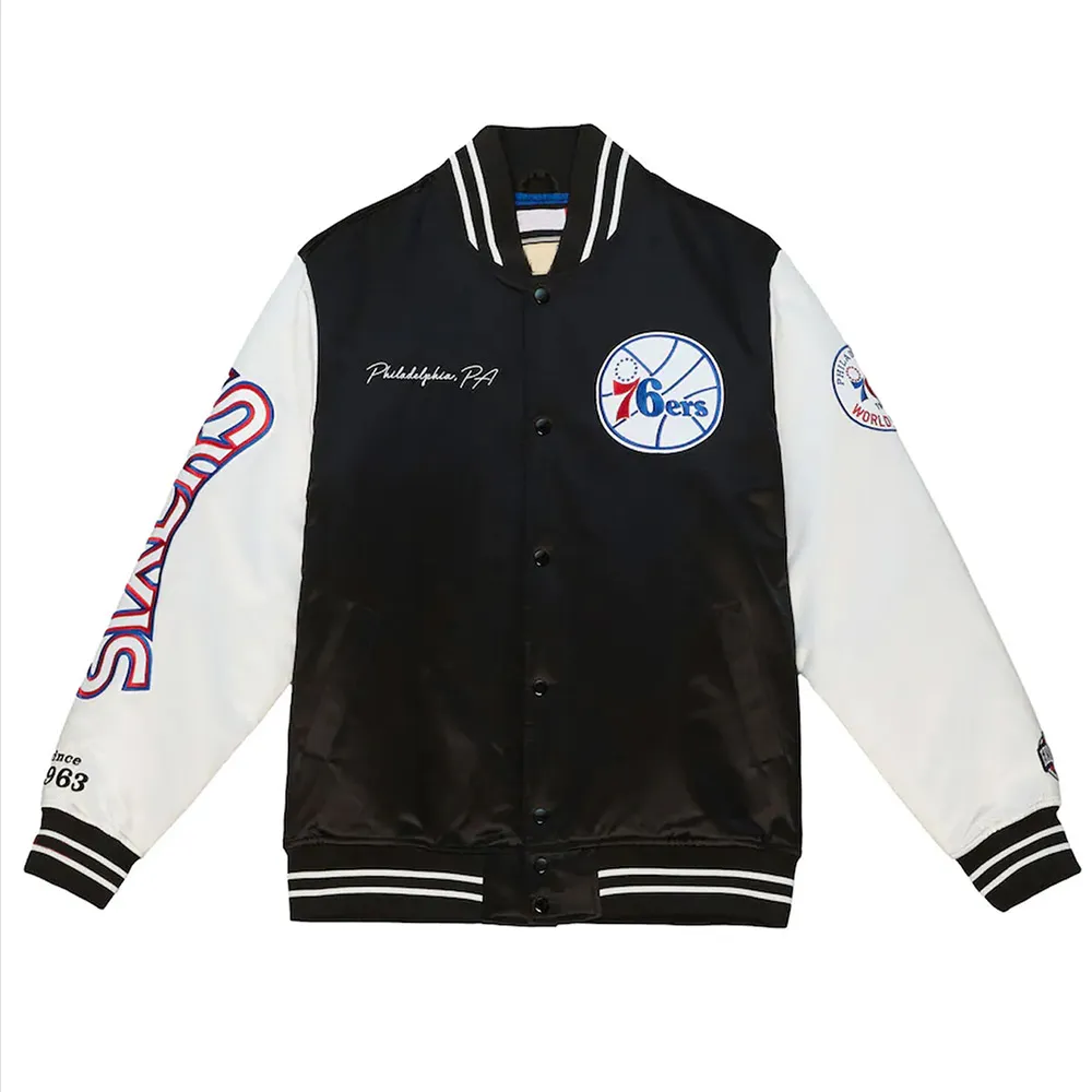 Team Origins Philadelphia 76ers Black/White Varsity Satin Jacket