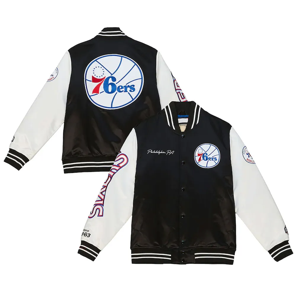 Team Origins Philadelphia 76ers Black/White Varsity Satin Jacket