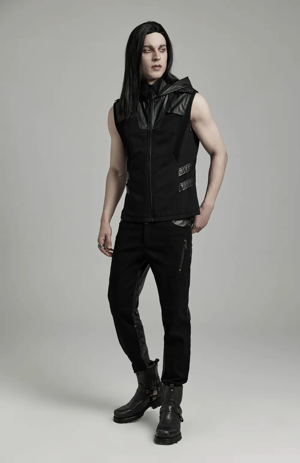 Techwear Sleeveless Hoodie with Leather Accents and Zipper