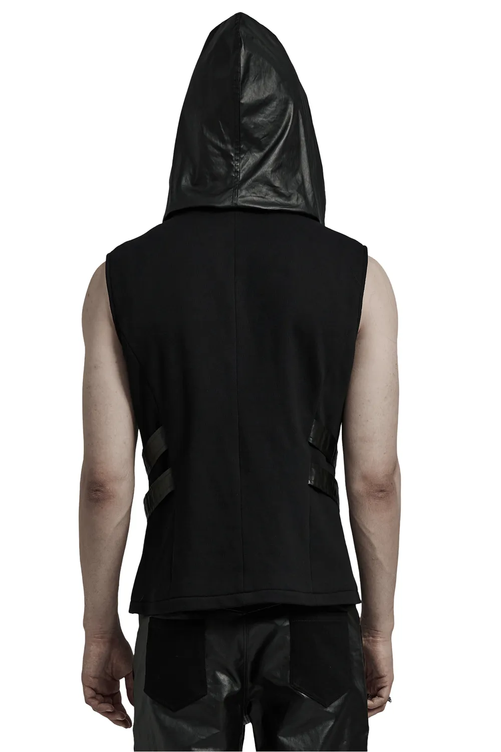 Techwear Sleeveless Hoodie with Leather Accents and Zipper