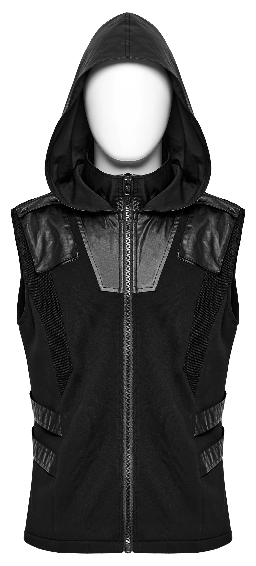 Techwear Sleeveless Hoodie with Leather Accents and Zipper