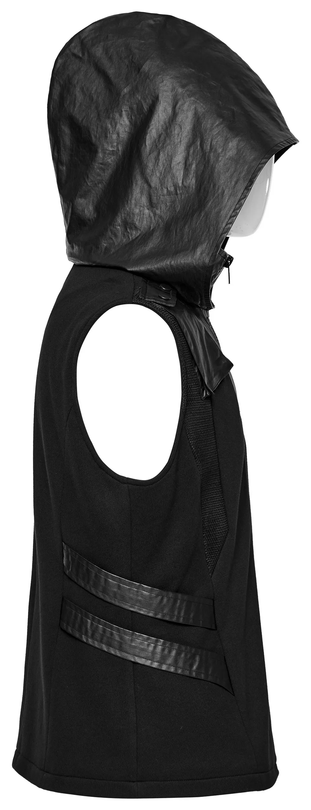 Techwear Sleeveless Hoodie with Leather Accents and Zipper