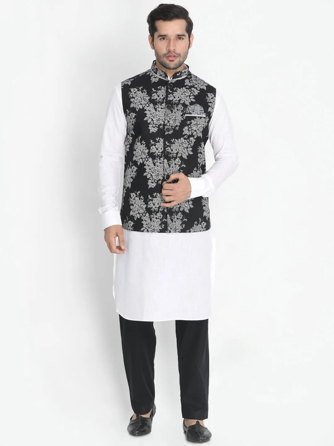 VASTRAMAY Men's White Cotton Blend Kurta, Nehru Jacket and Pyjama Set