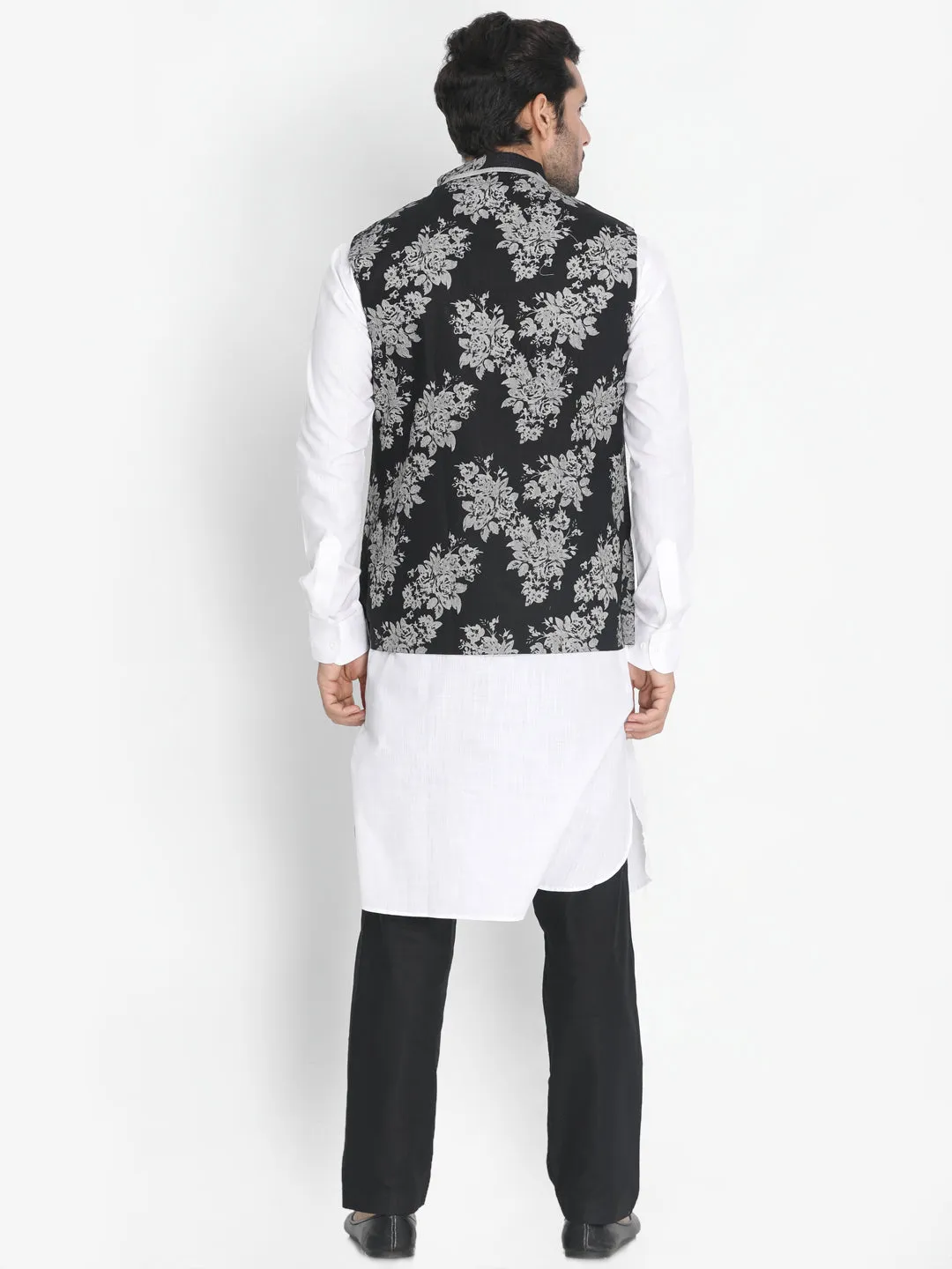 VASTRAMAY Men's White Cotton Blend Kurta, Nehru Jacket and Pyjama Set