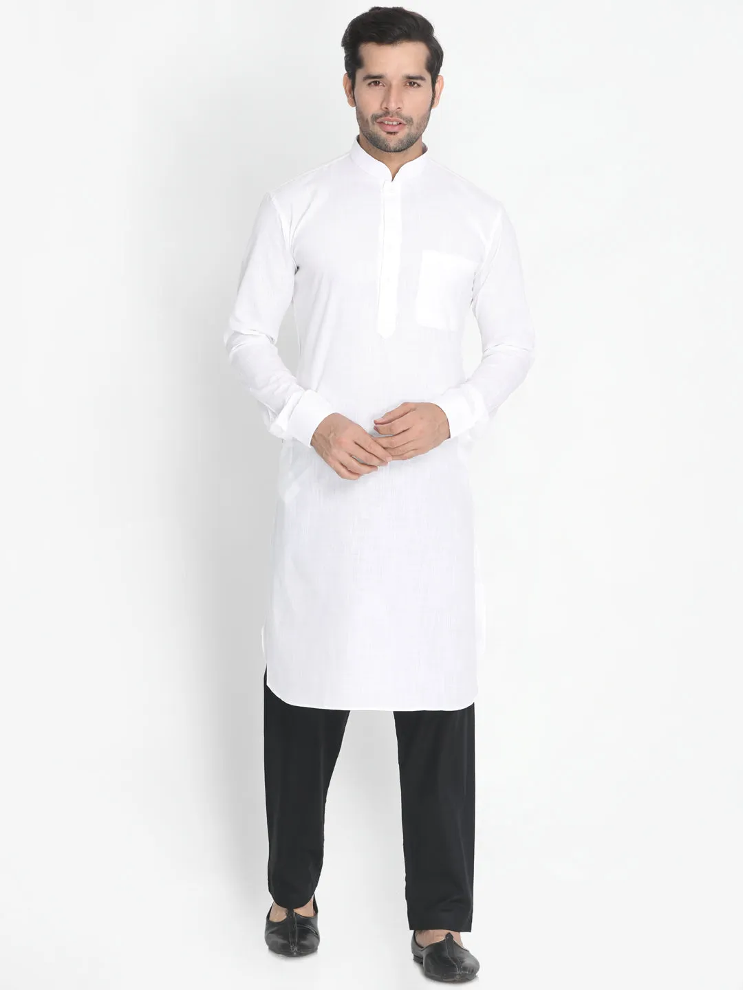 VASTRAMAY Men's White Cotton Blend Kurta, Nehru Jacket and Pyjama Set