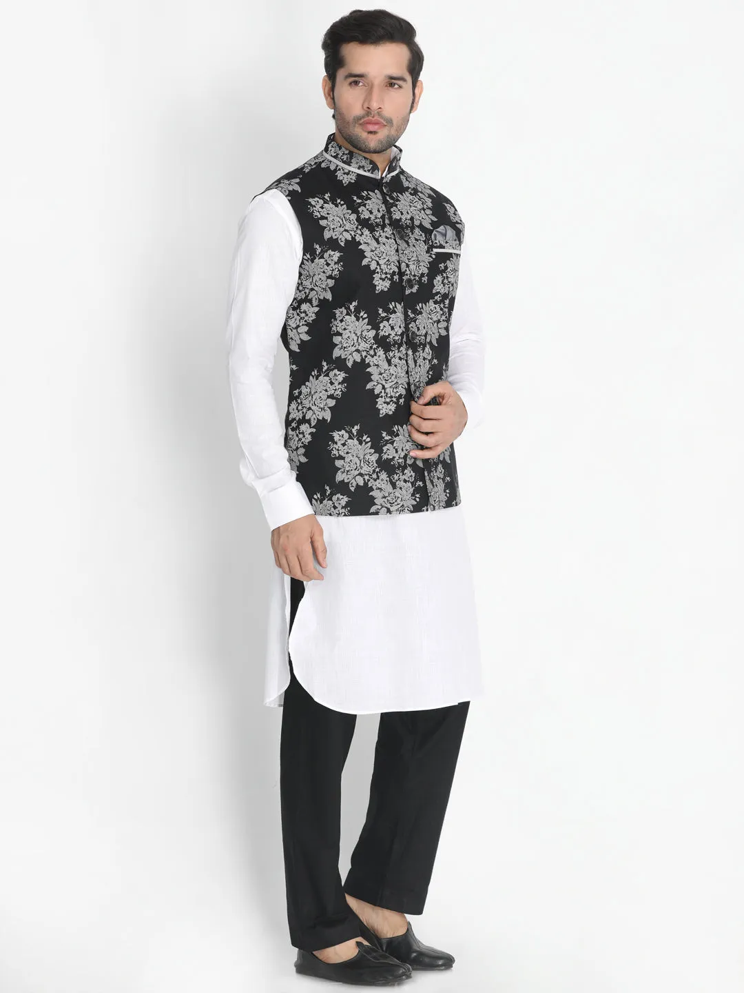 VASTRAMAY Men's White Cotton Blend Kurta, Nehru Jacket and Pyjama Set