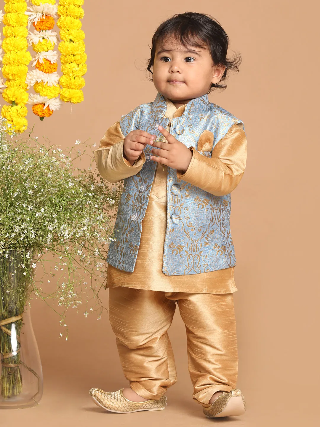 VASTRAMAY SISHU Boy's Rose Gold Kurta Set With Grey Nehru Jacket Set