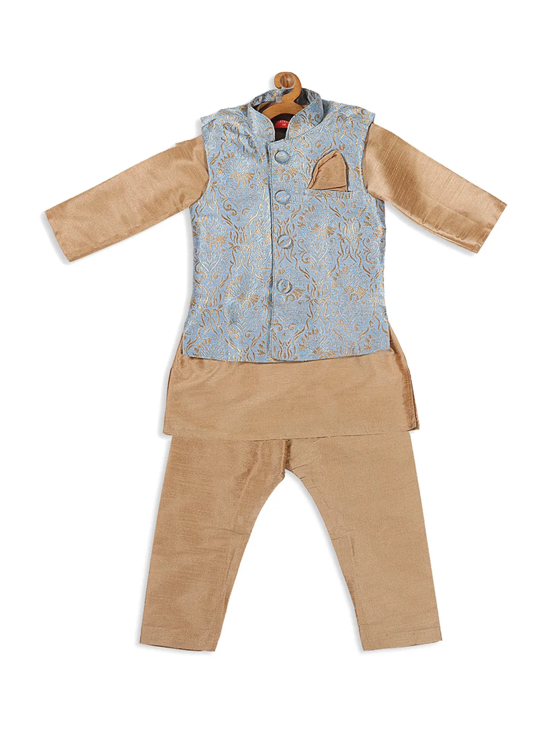 VASTRAMAY SISHU Boy's Rose Gold Kurta Set With Grey Nehru Jacket Set