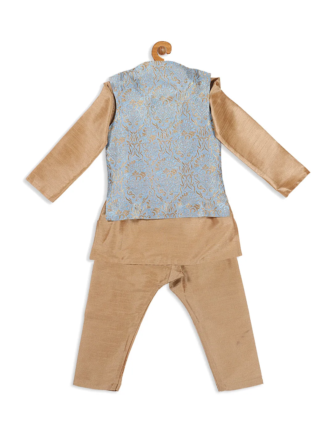 VASTRAMAY SISHU Boy's Rose Gold Kurta Set With Grey Nehru Jacket Set