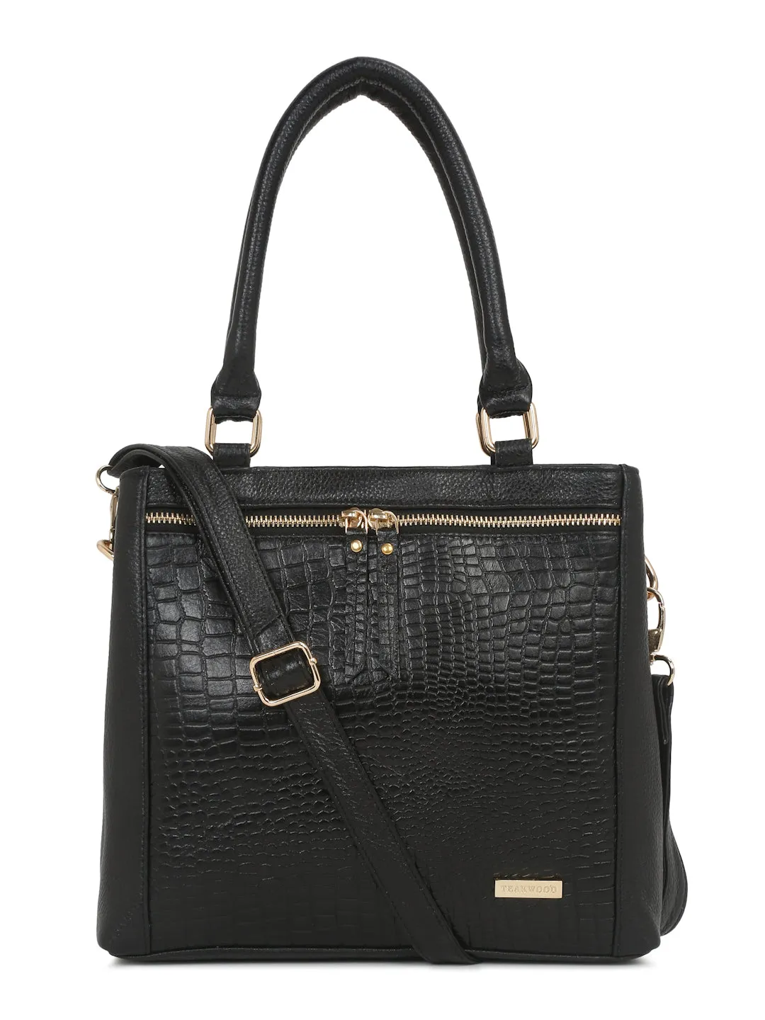 Women Black Texture Leather Structured Handheld Bag