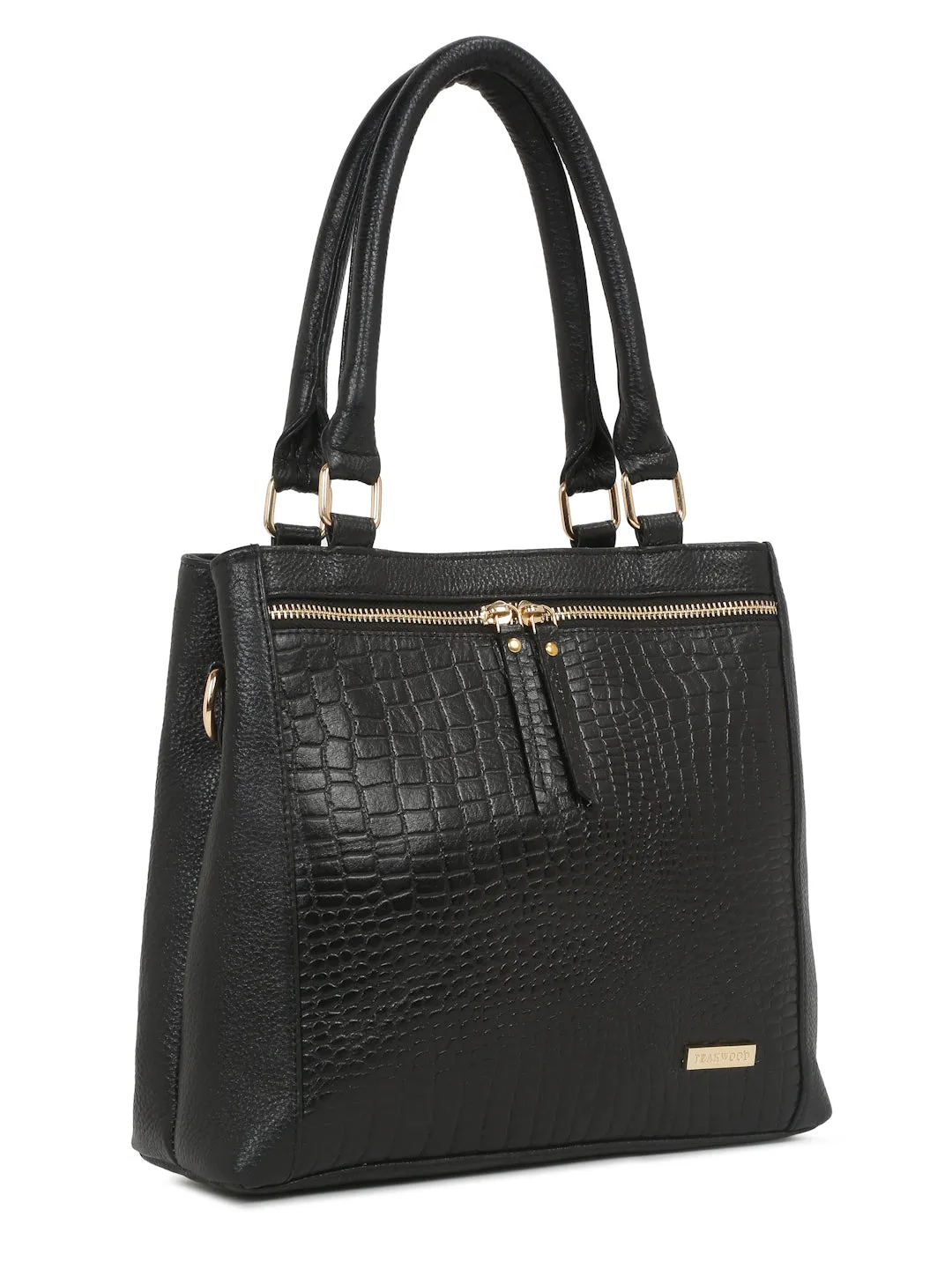 Women Black Texture Leather Structured Handheld Bag